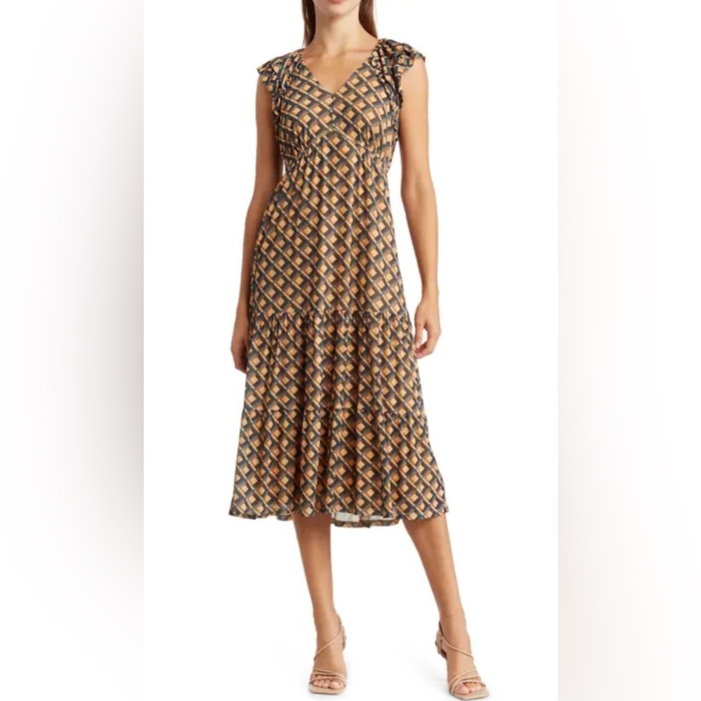 RUFFLE MESH CAP SLEEVE MIDI DRESS IN GOLDEN